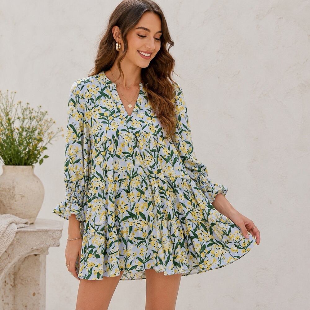 Pomander Place Tuckernuck XS Floral Babydoll Dress Blue Smocked Cottagecore